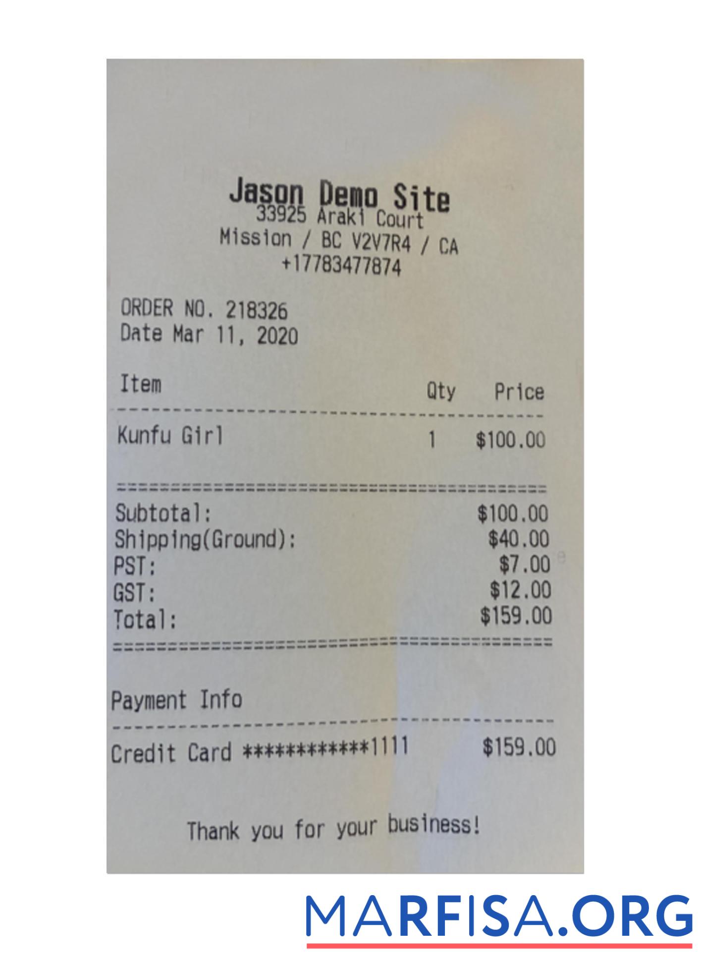 Printable JASON DEMO SITE receipt template